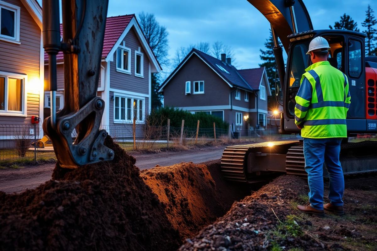 Grävmaskin som schaktar ett dike för ledningar utanför ett svenskt bostadshus